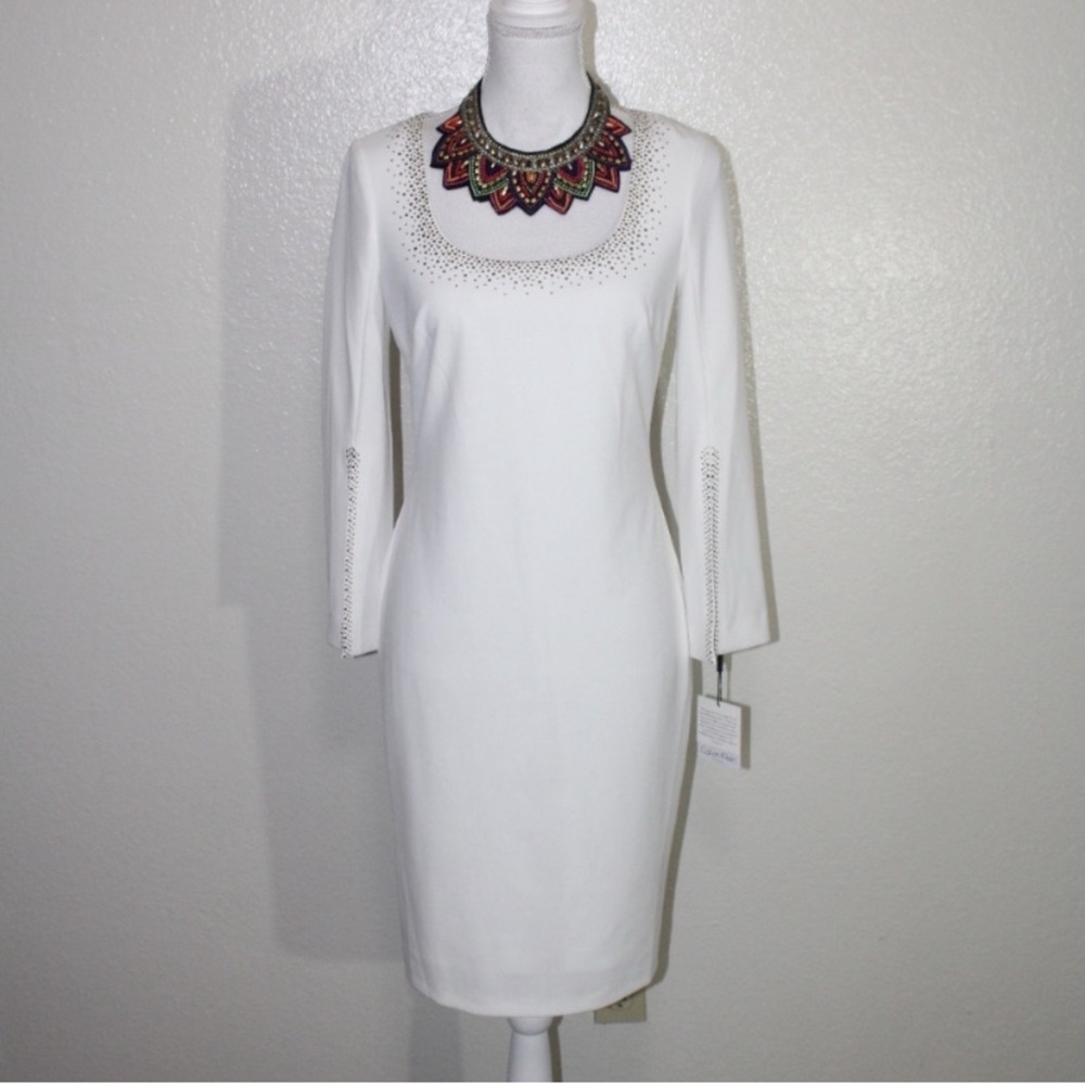 Calvin Klein White Dress with Embellished Neckline and sleeves